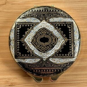 VTG Italian Gold Gilt Black Blue White Leather Round Powder Compact